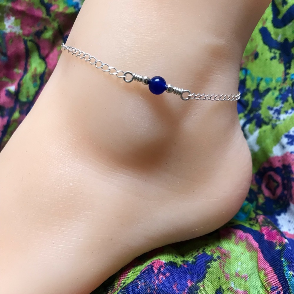 Blue Jade Sterling Silver Ankle Bracelet- Blue Jade Anklet - Picture 3 of 6